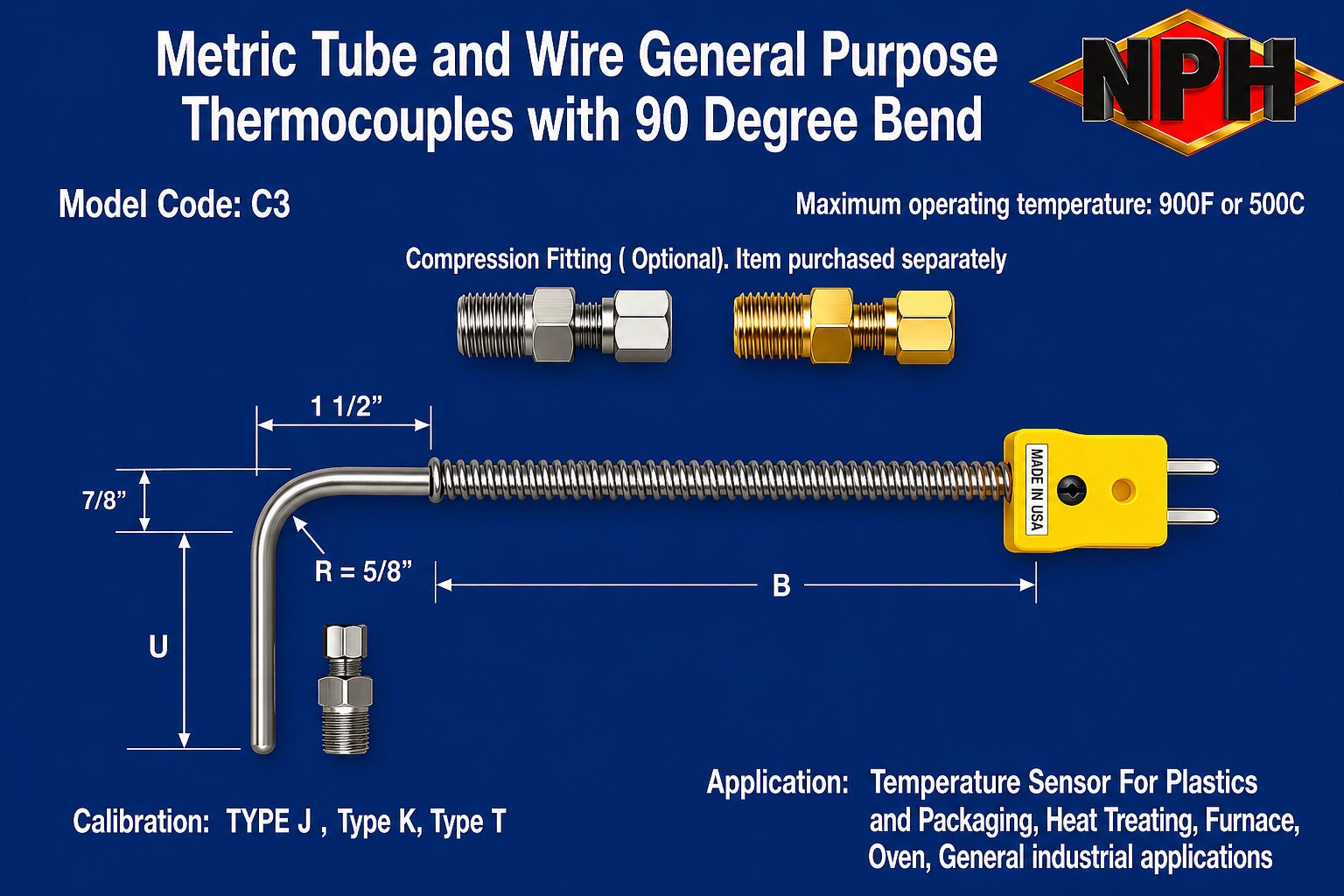 NPH Metric General Purpose Thermocouple-90 Bend-C6